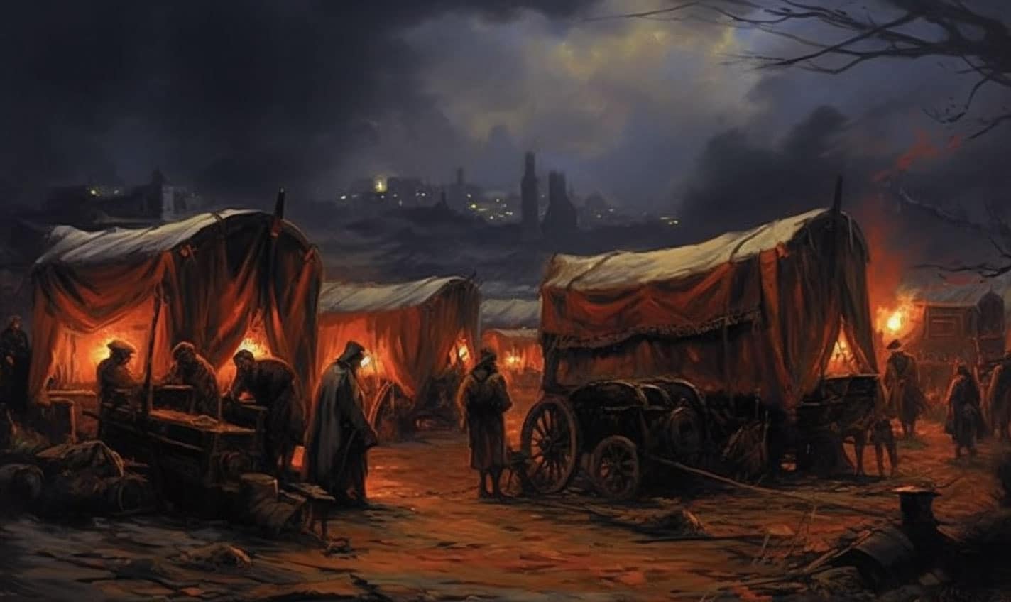 Zelte und Wagen in der Dunkelheit mit einigen Feuern in der Nähe